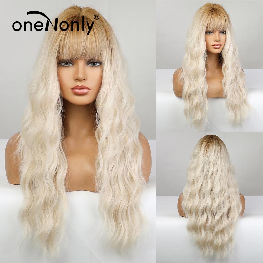 OneNonly Synthetische Perücken für Frauen, blonde Perücke mit Pony, langwellige Perücke, natürliches Haar, hitzebeständige Faser
