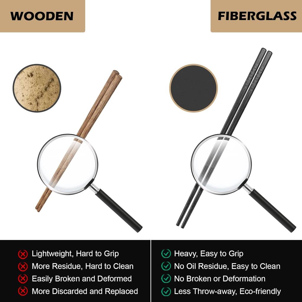 GLAMFIELDS 10 Pairs Fiberglass Chopsticks, Reble Japanese Chinese Chop Sticks Dishwasher Safe, Non-Slip, 9 1/2 inches