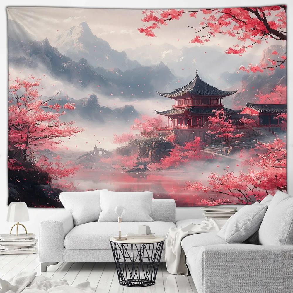 Japanese Scenery Tapestry Cherry Blossom Flowers Misty Landscape Chinese Style Wall Hanging Art Decoration Home Decor Background