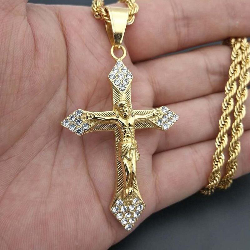 Zircon Cross Necklace For Men Jewelry Vintage Hip Hop Jesus Pendant Jewelry Religion Cross Pendants Choker Jewelry Prayer Gift