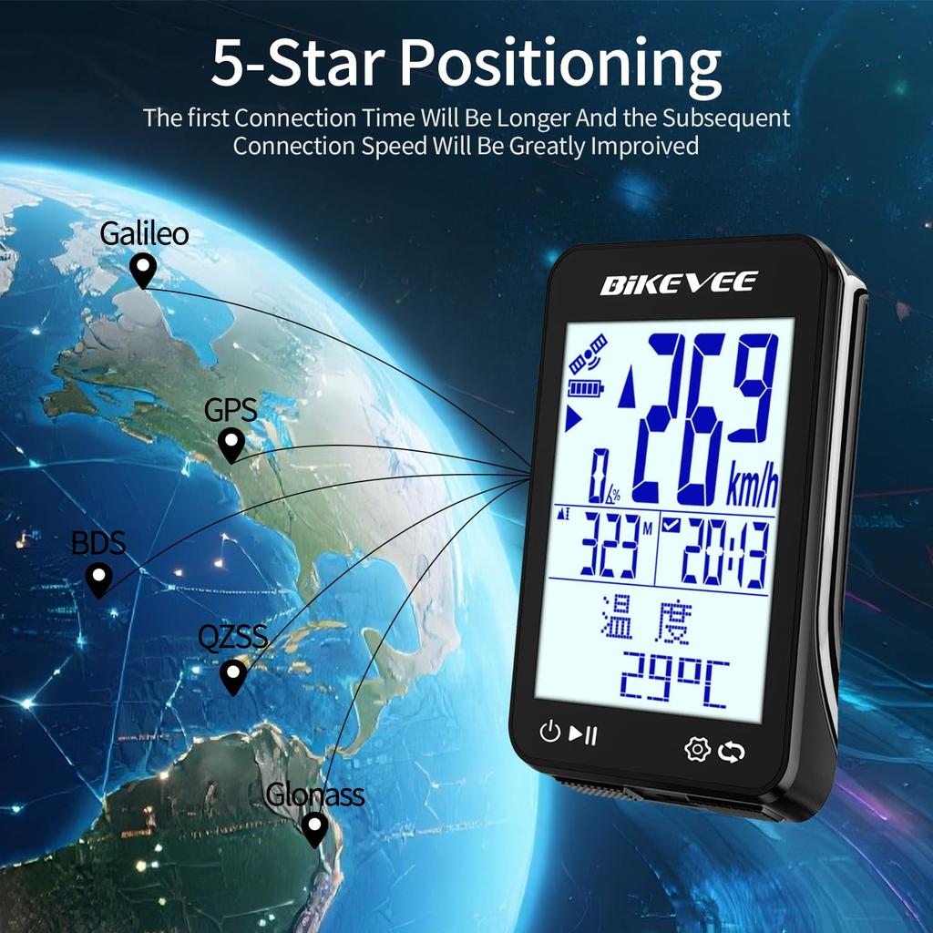 Bikevee GPS Wireless Bicycle Speedometer Cycle Computer with Automatic Start/Stop, Automatic Backlight, Waterproof, Odometer (MPH/KM/H), 2.4-inch FSTN