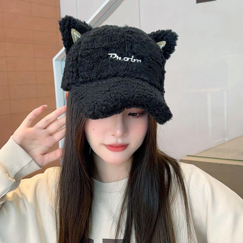 Windproof Cat Ears Baseball Hat Thicken Winter Peaked Cap Cute Lamb Wool Baseball Cap  Female