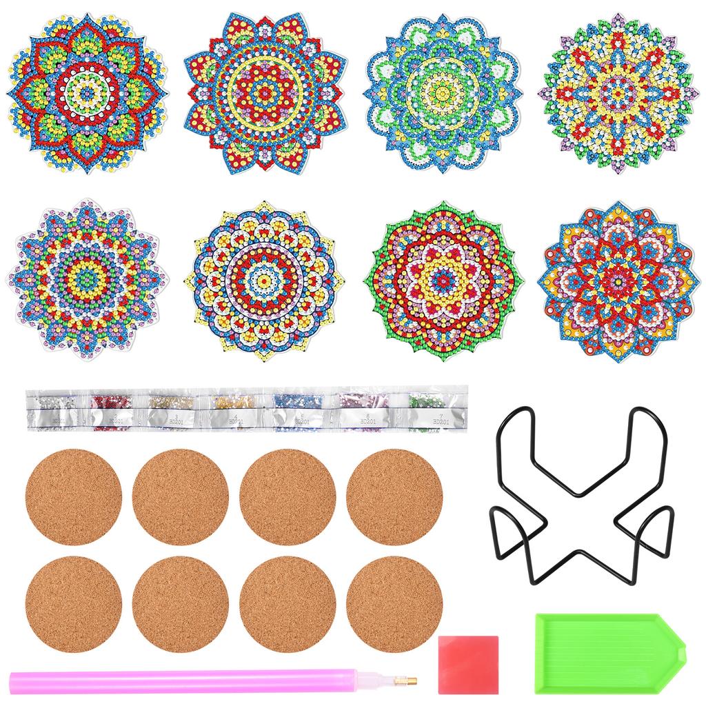 8PCS Diamond Art Painting Coasters with Holder Set, DIY Drink Coasters Art Crafts Supplies for Cup Mat Home Decor  3.9inch