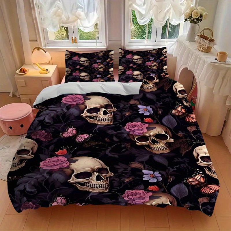 3pcs Skull Floral Pattern Bedding Set, Ideal for Home Use, Suitable for Bedroom Decor (1*Duvet Cover + 1/2*Pillowcases, No Core) Yy250821189