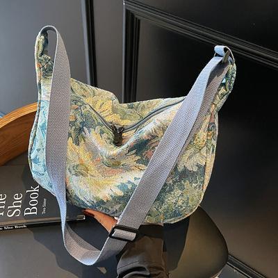 College Students' Large Capacity Class Tote Bag for Women's New Creative Oil Painting Shoulder Bag Canvas Commuting Bag