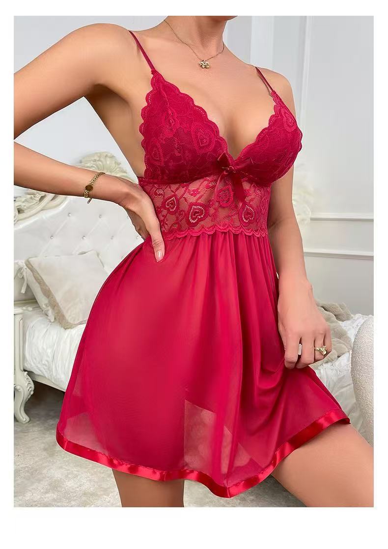 

European and American sexy lace suspender mesh nightdress underwear homewear pajamas source XL бордовий