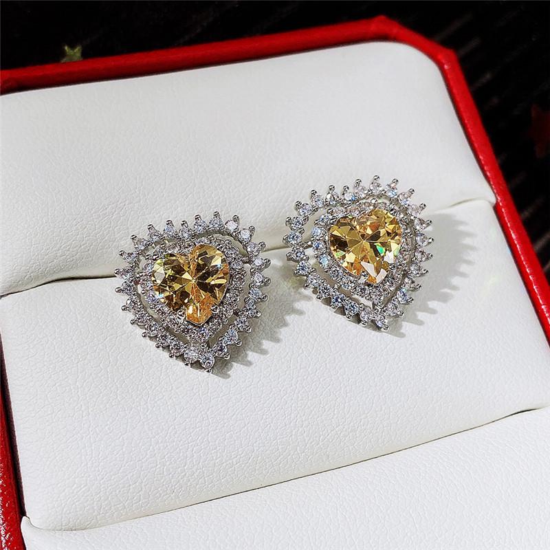 Cao Shi Heart-Shaped Zircon Earrings for Girls - Trendy All-Match Forest Style