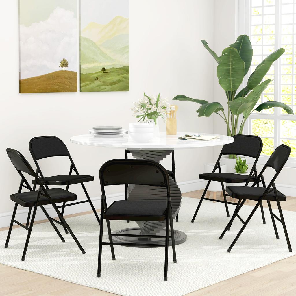 Set of 6 Folding Chairs with Padded Seat in Polyester and Steel Structure, Black