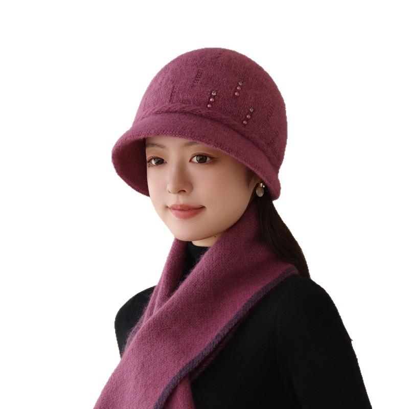 Hat Women'S Middle-Aged And Elderly Knitted Hat Rabbit Fur Velvet Warm Pullover Hat Autumn And Winter Cold-Proof Mother Hat Fashion Shows Small Face