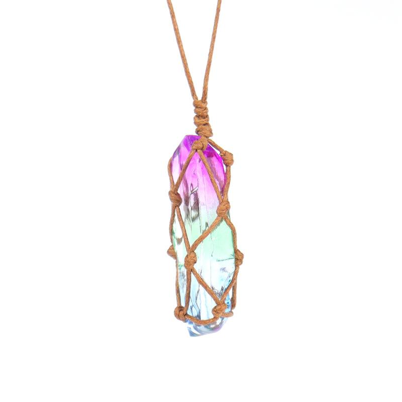 Natural Stone Crystal Column Mesh Pocket Hand-Woven Necklace Pendant, Adjustable N562