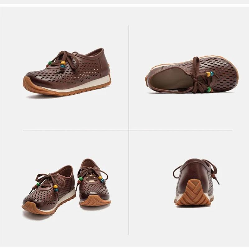 Johnature Genuine Leather Hollow-out Breathable Casual Shoes Lightweight Versatile Lace Up Women's Flat Shoes