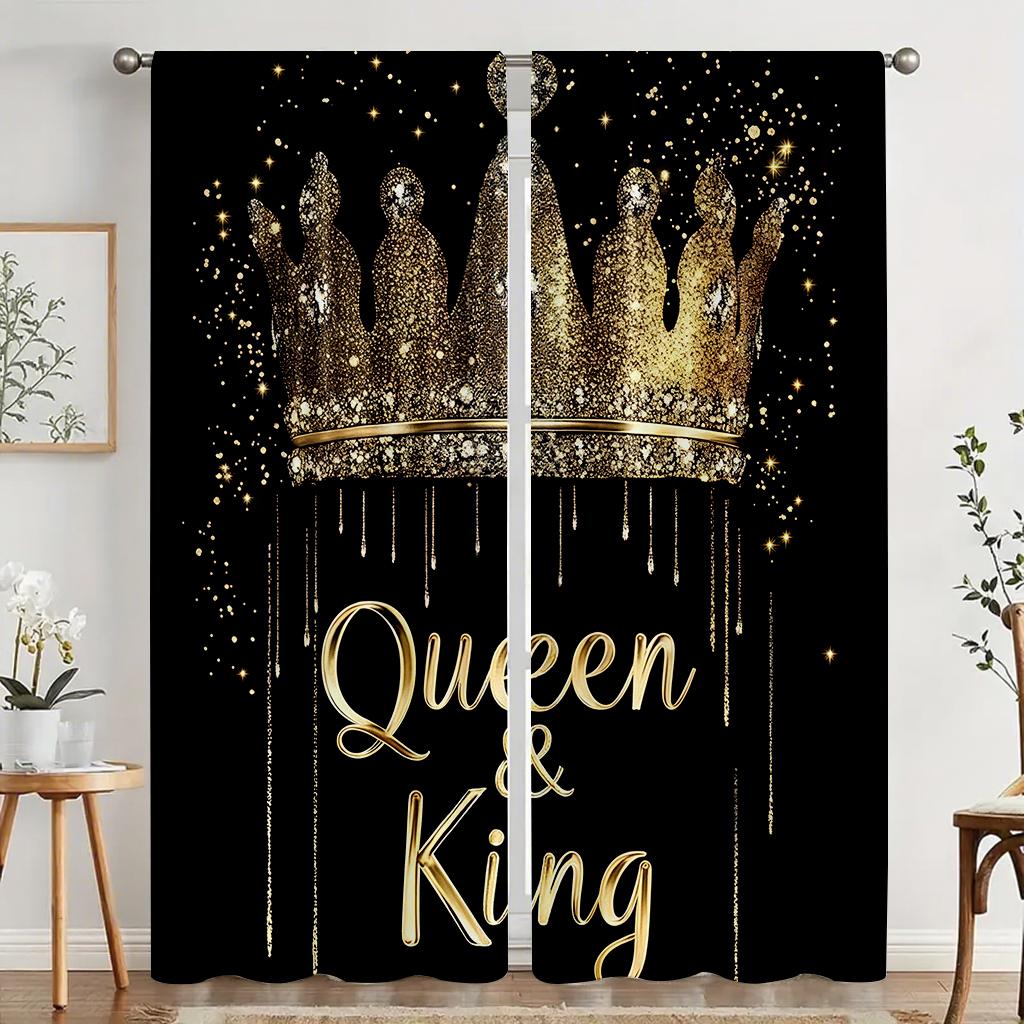 2pcs Golden Crown Printed Curtains Room Darkening Polyester Curtain Home Decor Rod Pocket Window Drapes
