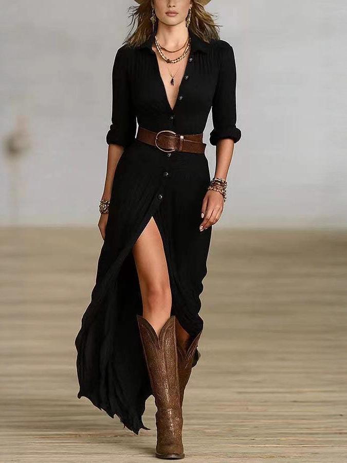 Sexy Irregular Pleated Belted Dress - Women's Solid Color Spring/Autumn Collection