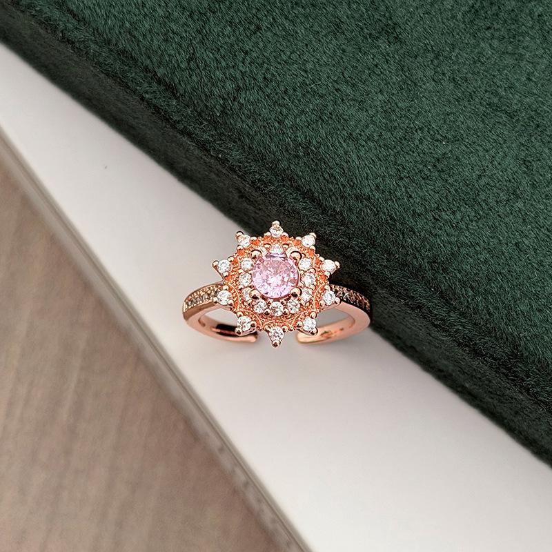 Rose Gold Light Luxury Flower Open Ring Pink Diamond Zircon Double G Temperament Exquisite Stacked Ring Woman