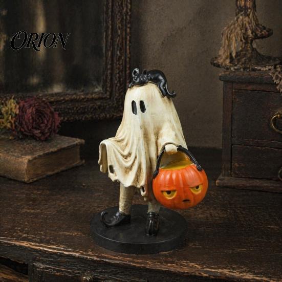 Halloween Ghost Figurine Vintage Figurine, Cute Spooky Resin Statue with Pumpkin Home Decor Bucket And Black Cat for Indoor Kitchen Christmas Holiday