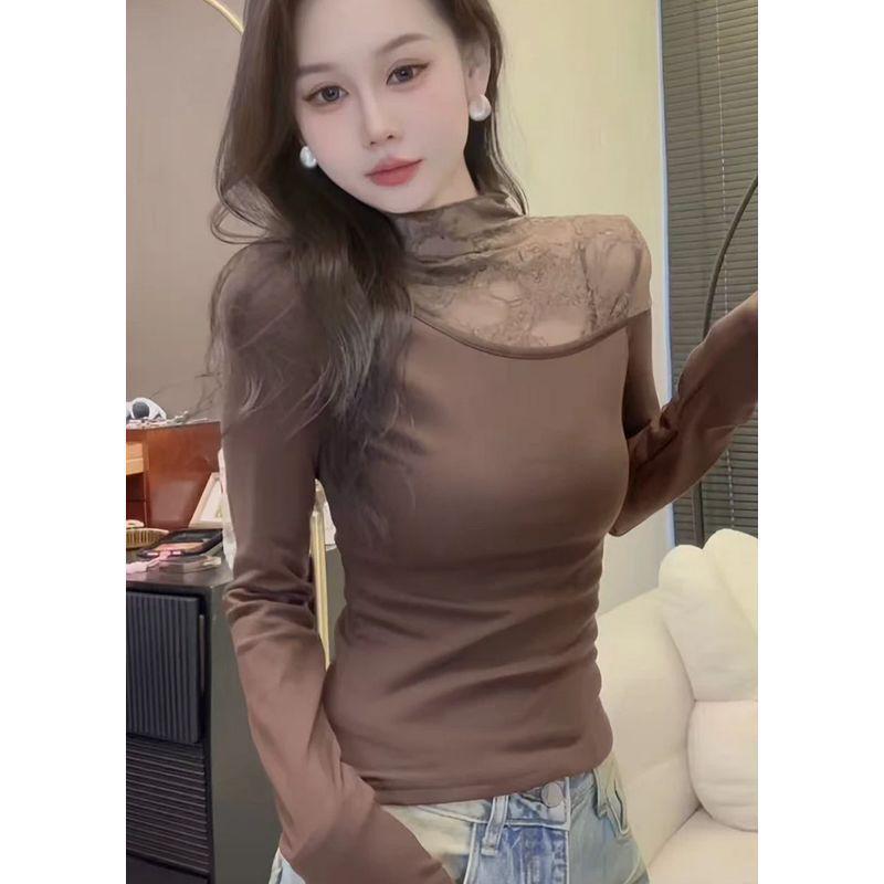 Plus Size Velvet Lace Patchwork Long Sleeve Slimming T-Shirt for Women - Half-High Collar, Warm & Stylish Autumn/Winter Top