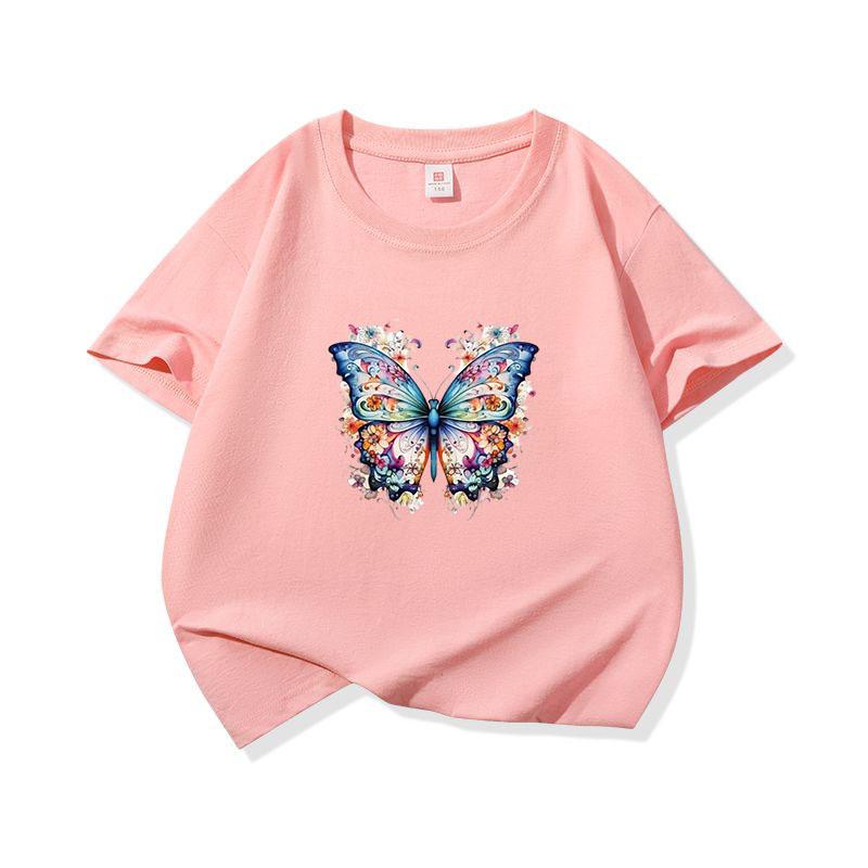 Kids Cotton T Shirt Blue Colorful Floral Butterfly Print Crew Neck Short Sleeve Tee Casual Boys Girls Summer Tops
