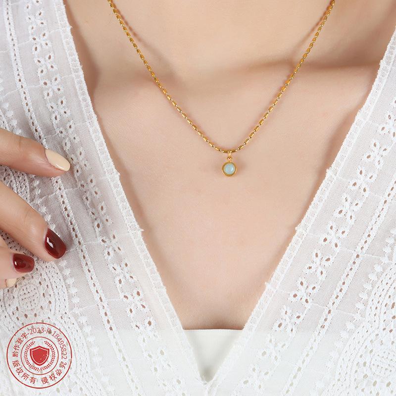 Court Retro Natural Stone Rice Bead Chain Necklace New Titanium Steel Gold-Plated Jewelry