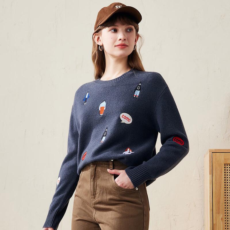 Komengboka Women's Embroidered Thickened Crew Neck Wool Sweater