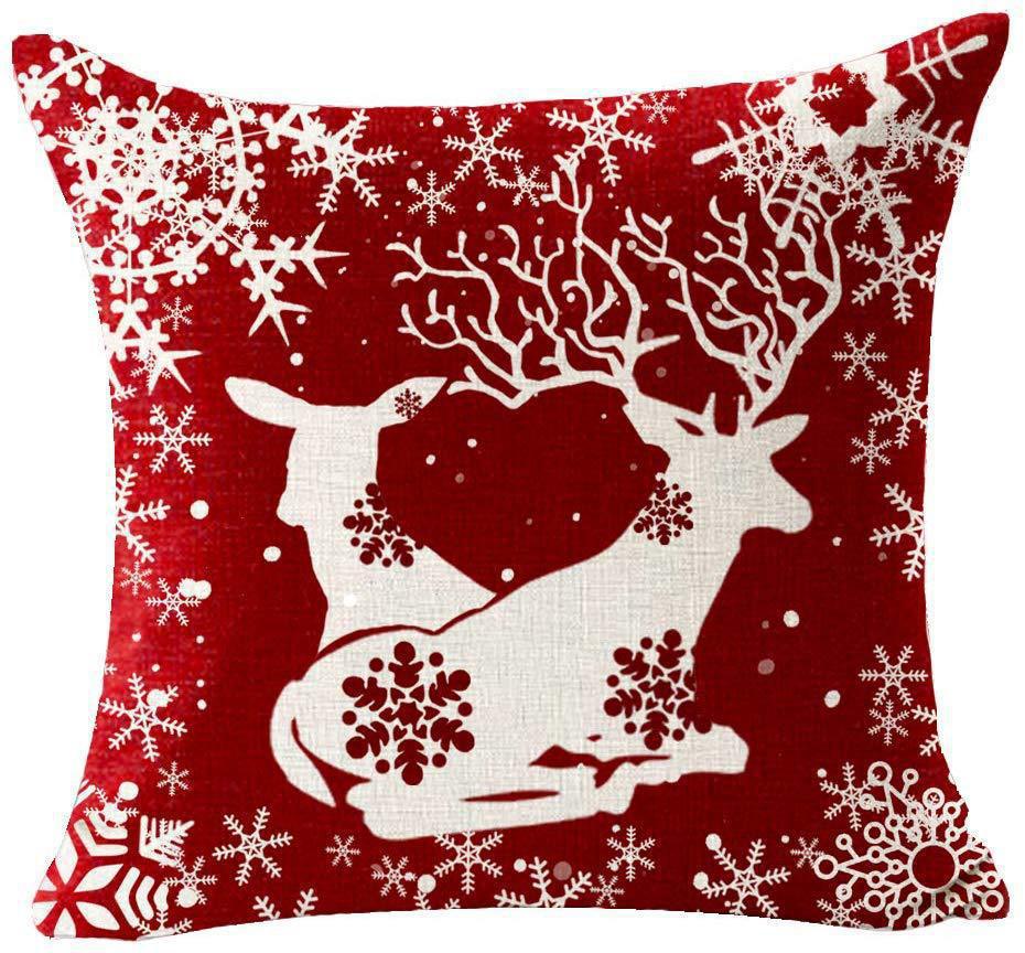 Red Plaid Sofa Linen Christmas Pillow Cover Reindeer Snowflake Home Cushion Cover