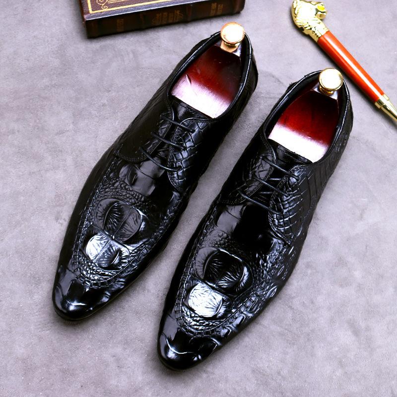 Fashion Men's Business Dress Shoes Genuine Leather Crocodile Pattern Pointed Shoes Male British Casual Leather Shoe Large Size 37-46