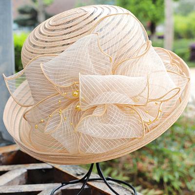 Chapeau de soleil décoratif élégant en perles - Chapeau bob en organza respirant à fleurs et dentelle avec large bord pour la protection extérieure en été - Chapeau pare-soleil