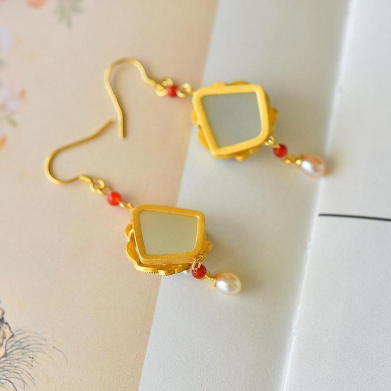 Inspired Design Natural Hetian Jade Enamel Porcelain Southern Red Tourmaline Long Earrings Ladies Classical Jewelry