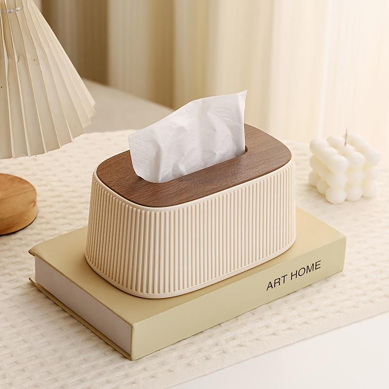 Auto Lift Spring Tissue Dispenser, Lovely Cream Box Cover with Wooden Lid, Perfect for Bathroom, Bedroom & Living Room Use