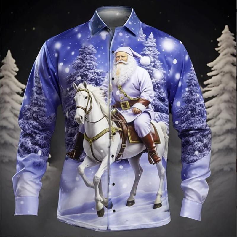 Christmas Theme Men Casual Long Sleeve 3D Star Printed Street Party Long Sleeve Soft and Comfortable Shirt Santa