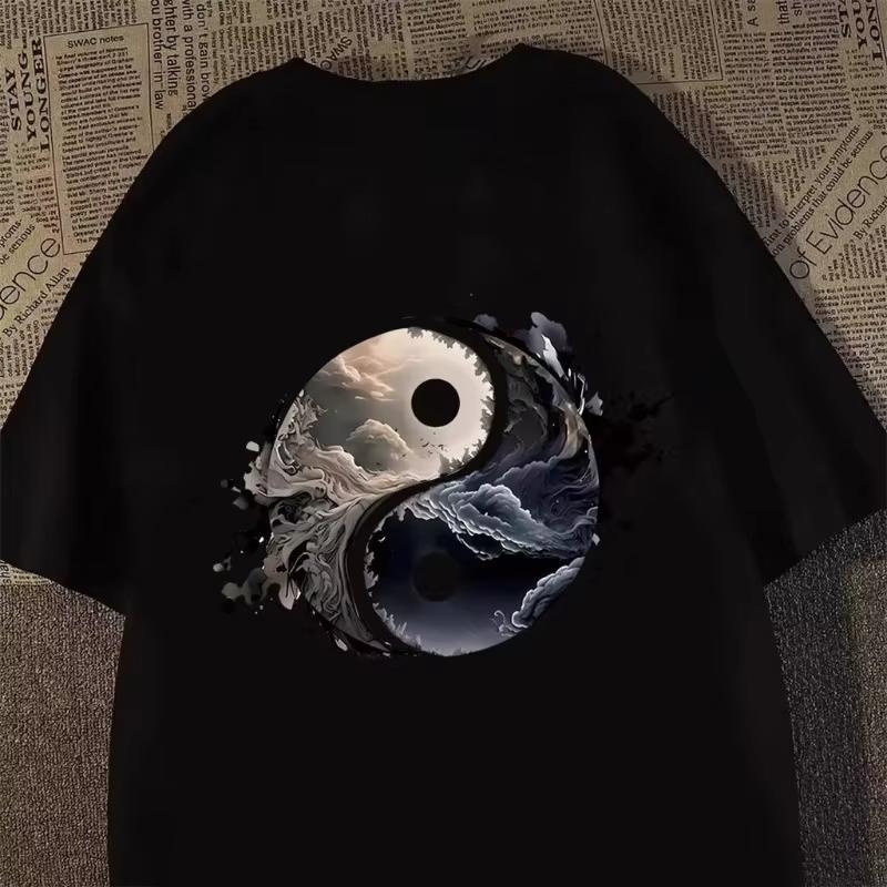 Unisex Yin Yang Cloud Landscape Graphic Tshirt Front Back Print Crew Neck Casual Loose Oriental Streetwear Tops For Unisex Unisex