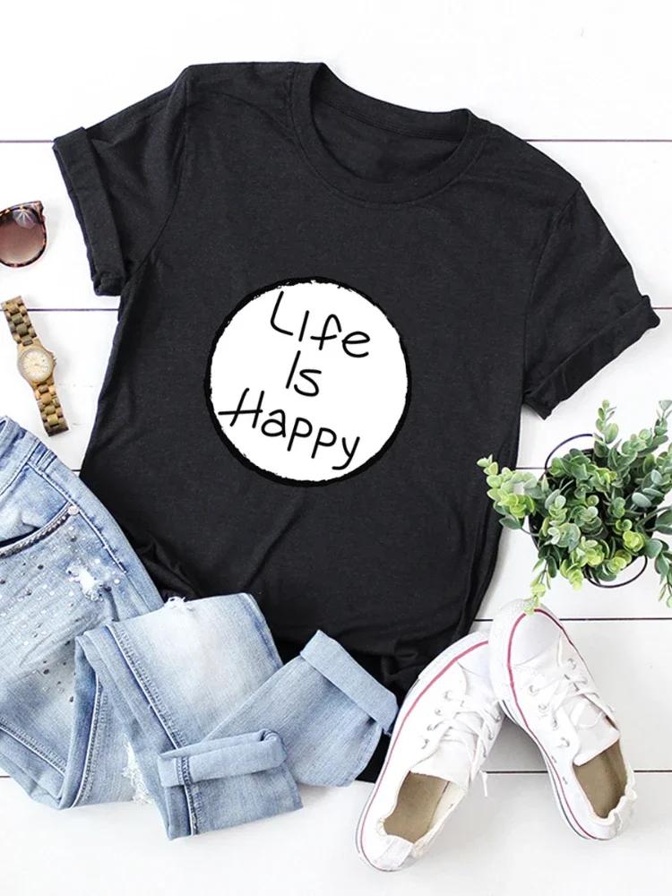 

Life Is Happy Круглый Принт Женская Футболка Короткий Рукав O Шея Свободная Женская Футболка Женская Футболка Топы Одежда Camisetas Mujer XXXL чёрный