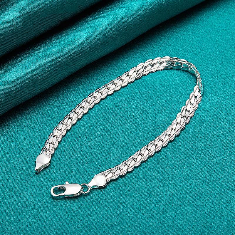 Fashion 925 Silver Bracelet 6mm 18/19/20cm Flat Side Chain Lobster Clasp For Woman Man Wedding Engagement Jewelry Gift