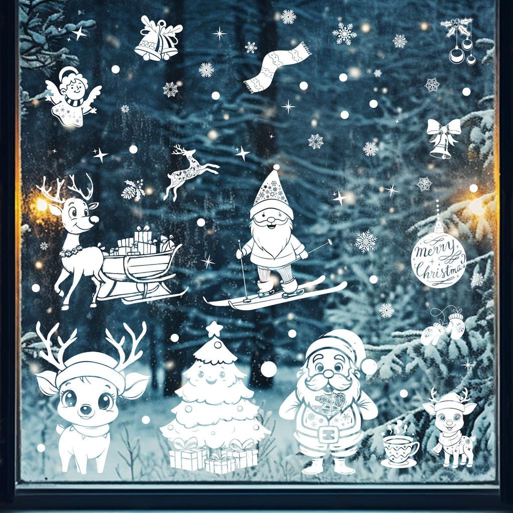 Static Christmas Holiday Decals Set With White Christmas Tree Snowman Decor