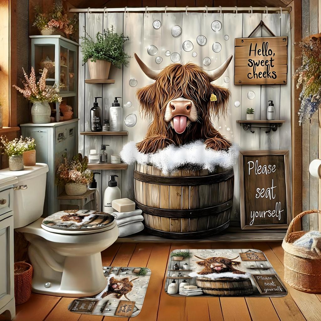 Funny Highland Cow Shower Curtain Set Farmhouse Bathroom Decor Washable Fabric Curtain With Rugs