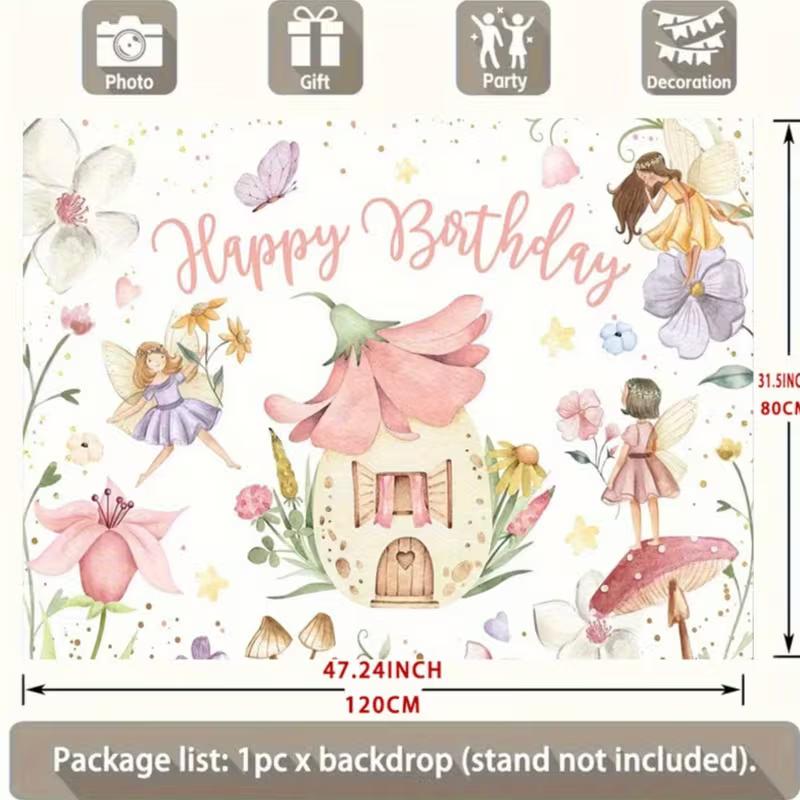 2D Girls Fairy Birthday Tapestry, Watercolor Floral Fairies & Flower House Backdrop, Magical Birthday Decor