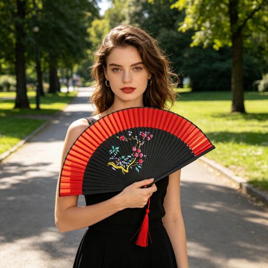Chinese Style Flower Folding Fan with Tassels Vintage Portable Hand Fan Wedding Dance Party Decorative Handheld Fan Travel Accessory