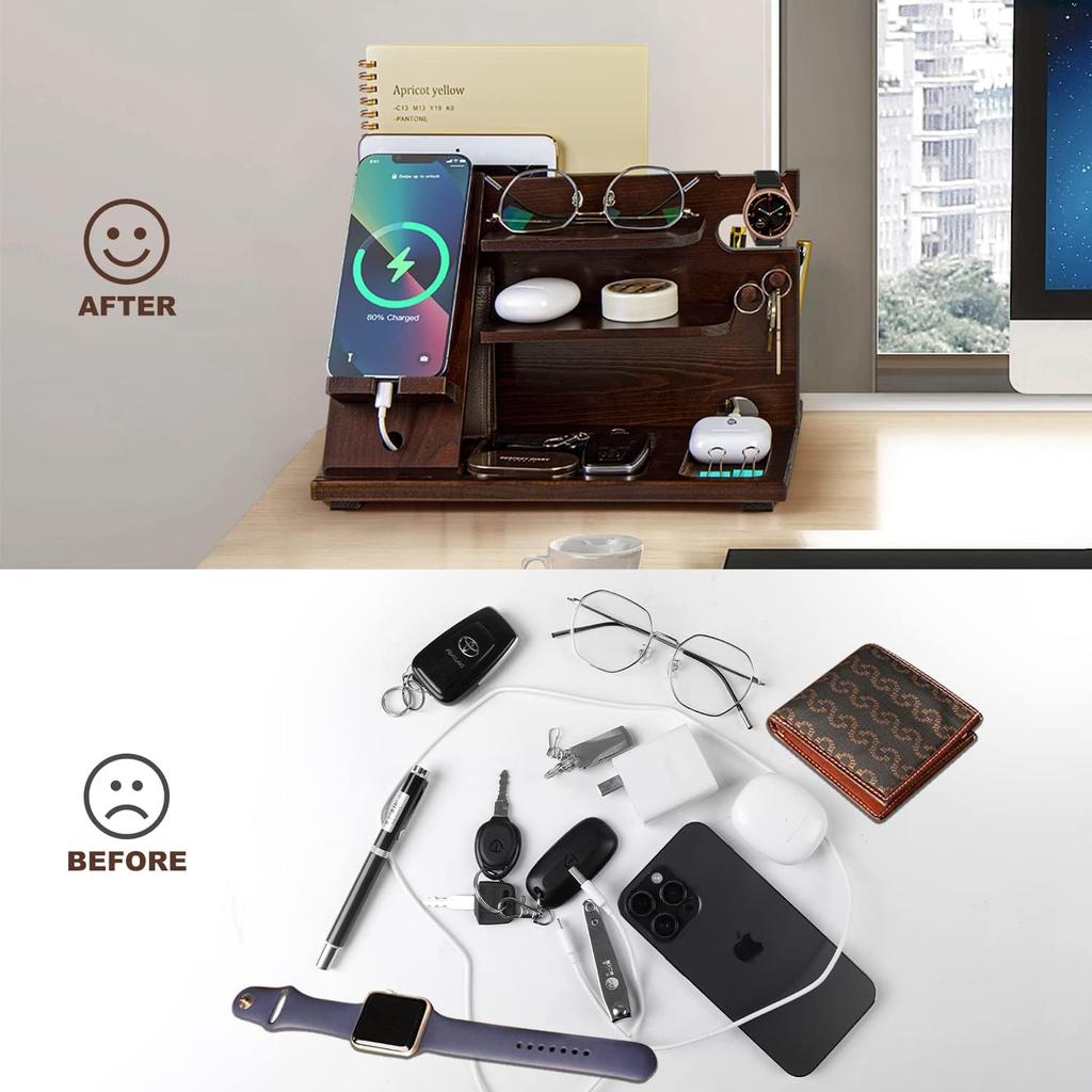 KOCWELL Wood Phone Docking Station Ash Key Holder Stand Watch Organizer Men Husband Wife Anniversary Dad Birthday Nightstand Purse Father Graduation