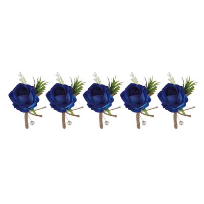 5PCS Wedding Boutonniere Pin Fixed Plastic Artificial Flower Corsage for Bride and Groom Blue