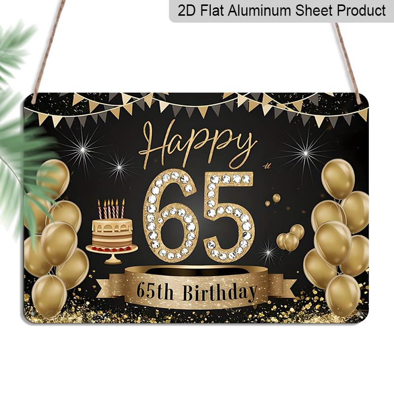 

2D Flat, 1pc Happy 65th Birthday Gold Diamond Style Plaque - 65th Birthday Decor Sign with Cake & Balloons, Black & Gold - Aluminium Wall Hanging 20*30cm
