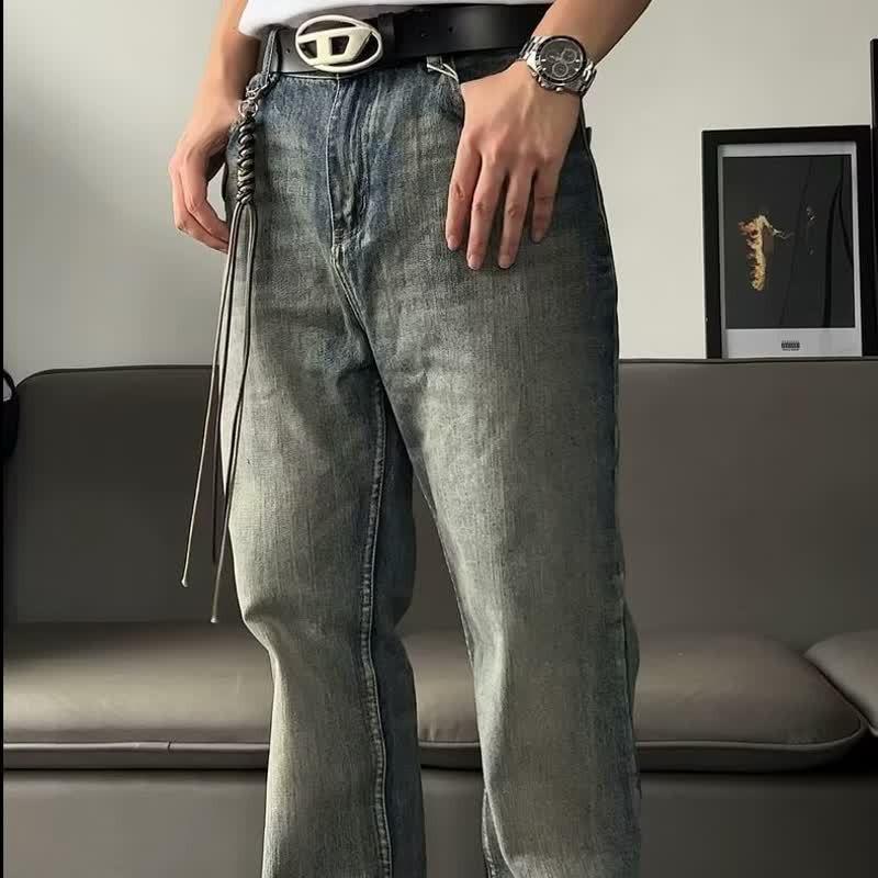 Mens Washed Distressed Denim Jeans With Bamboo Stripe Slightly Flared Loose Fit Retro Streetwear Style