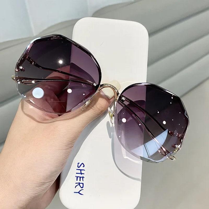 Luxury Round Gradient Sunglasses Women Metal Curved Temples Eyewear Ocean Rimless Fashion Sun Glasses Ladies UV400
