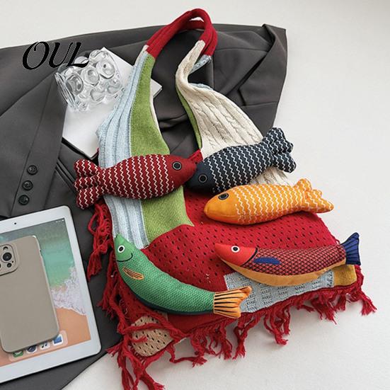 Boho Fashion Bag 3D Fish Knitted Tote, Patchwork Shoulder with Tassels, Practical Sundries Colorful Women Purse for Daily Commuting Travel Shopping