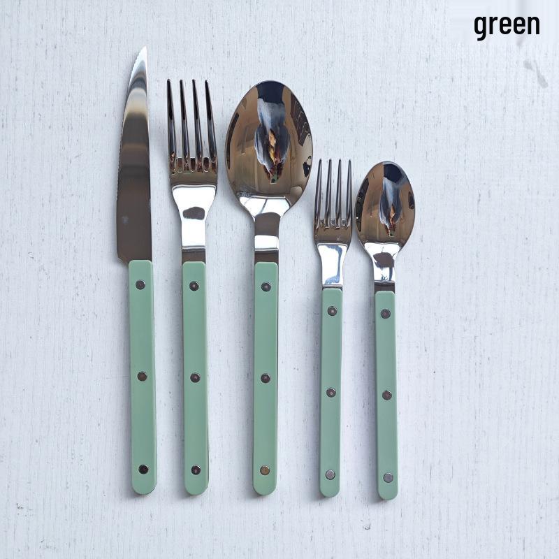 Colorful Stainless Steel 316 Cutlery Set: French Handle Steak Knives, Forks, Spoons, Dessert Forks, and Spoons. Dessert Fork