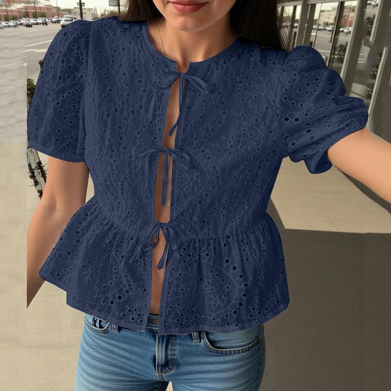 

ZANZEA Женские летние блузки с круглым вырезом и короткими рукавами с кружевом S темно-синий