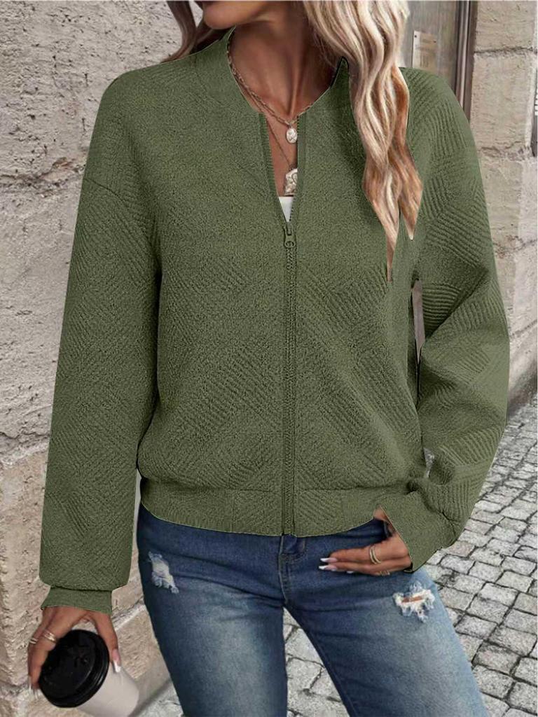 2025 Damen Frühling/Herbst Gestrickter Langarm-Cardigan mit Reißverschluss-Detail und einfarbigem Design.