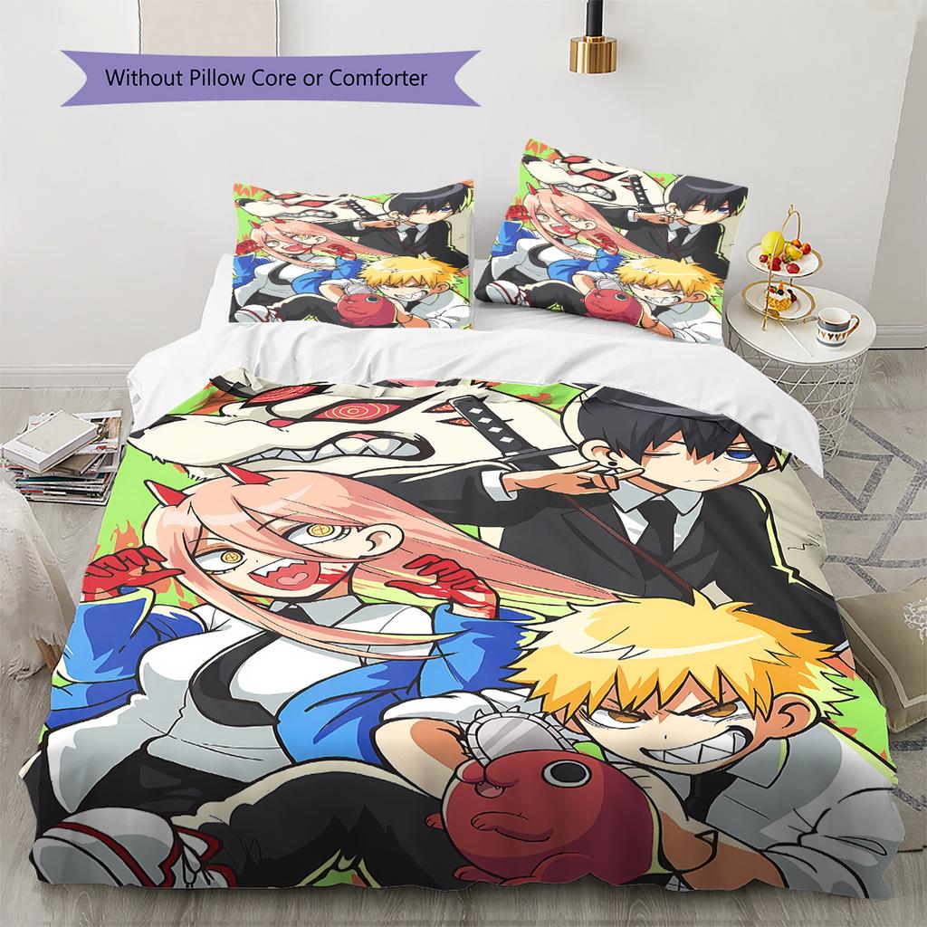 Chainsaw Man Pattern Bedding,Quilt Set Quilt Cover Pillowcase Home Birthday Gift (1 * Duvet Cover + 2 * Pillowcase, Without Core)