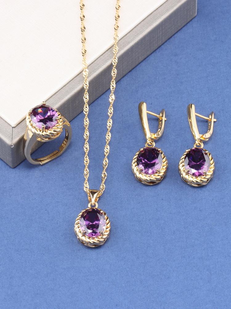 Romantic Wedding Fashion Women Accessories Necklace And Earrings Ring Colorful Zircon Sets  Gold Plated Jewelry For You Gift