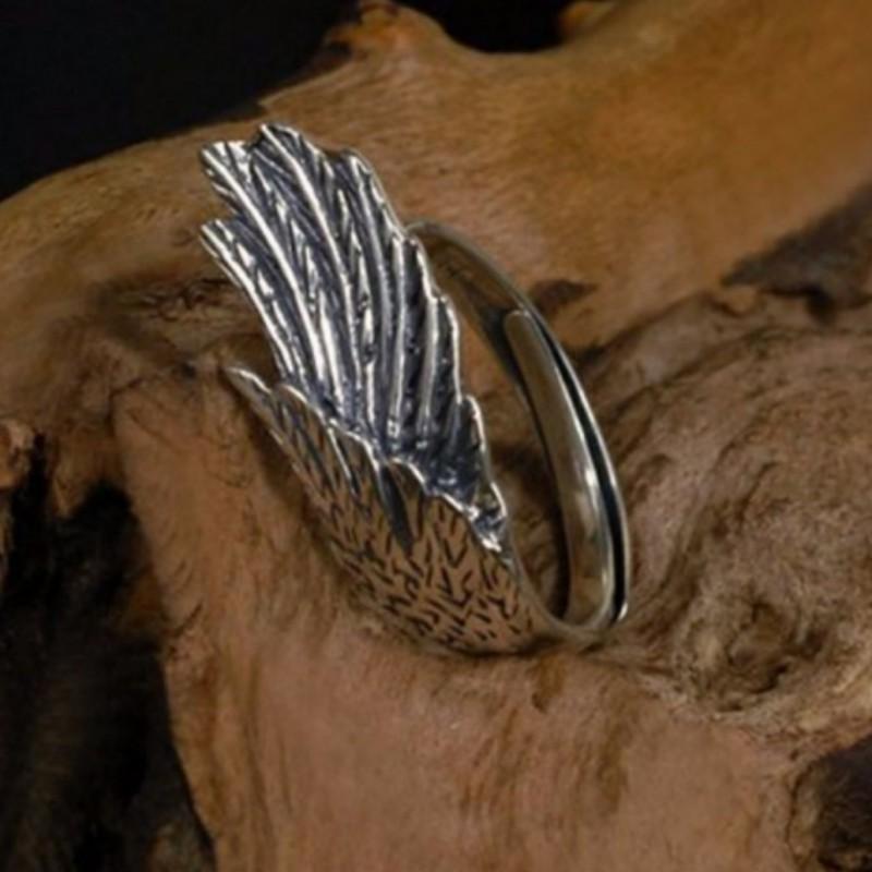 Adjustable Open Ring Men Women Sterling Feather Wing Design Minimalist Vintage Boho Jewelry