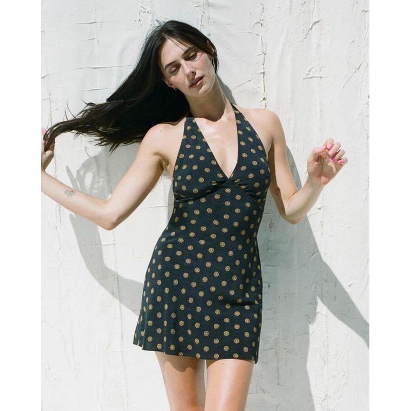 

Sexy Deep V Backless Slimming Polka Dot A- line Dress Black Bottom Wave Point Print L