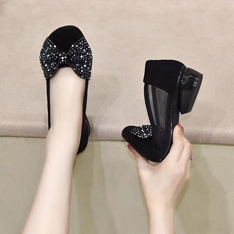 

Spring Summer Round Head Low Heel Bow Soft Bottom Hollow Out One Step Sandals 35 чёрный